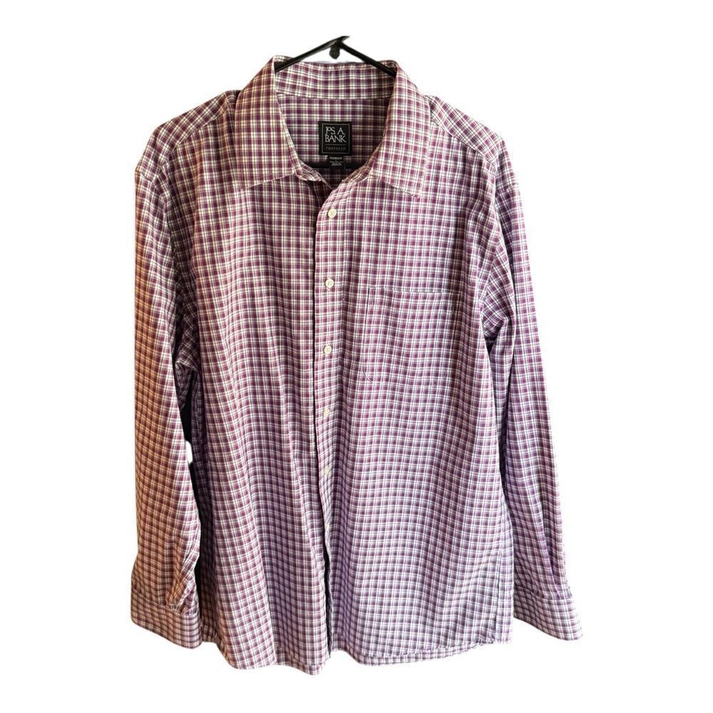 Jos. A. Bank Purple and White Plaid Shirt Travelers Edition Tailored Fit Preppy